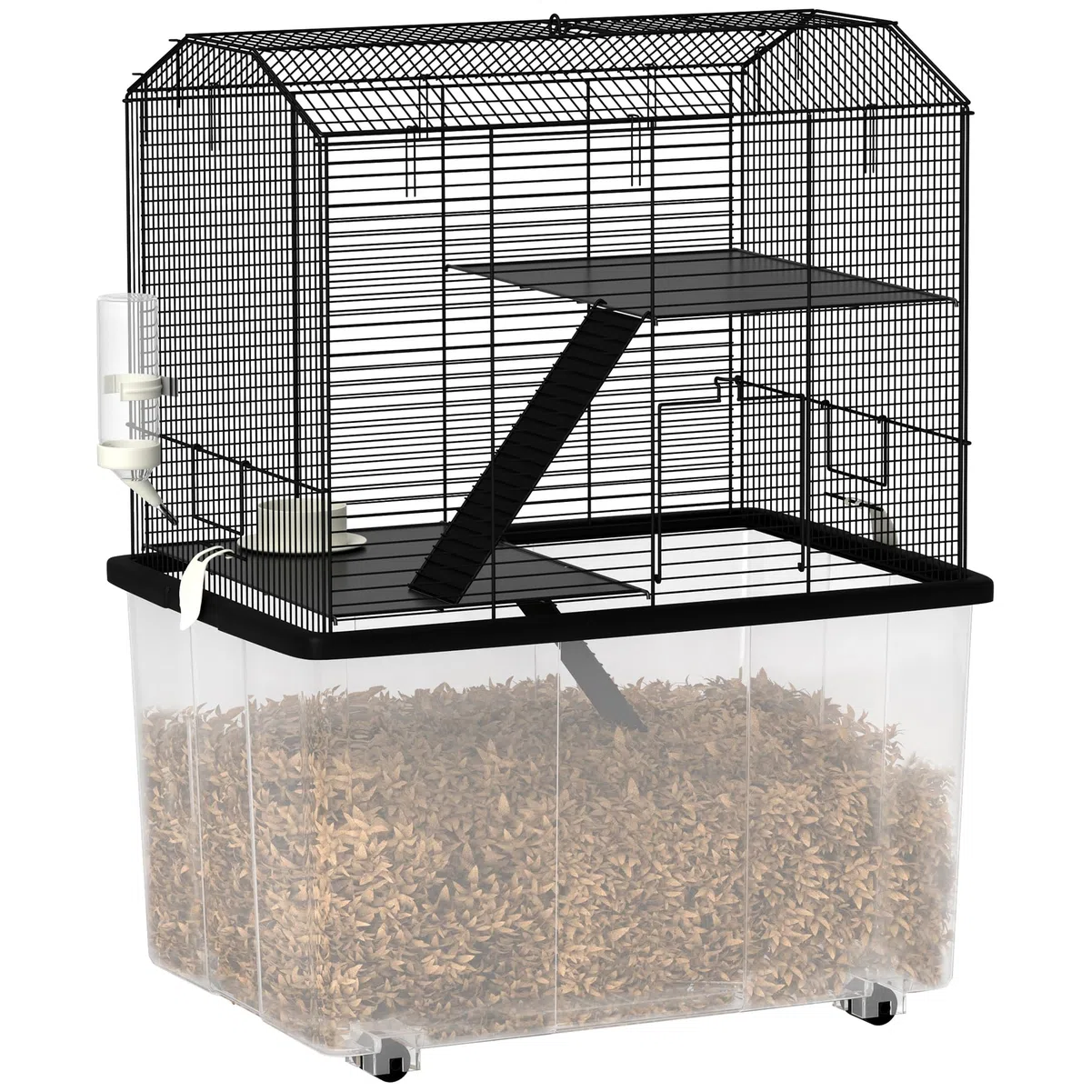 PawHut Cage Hamster, jaula roedor, 3 pisos, con ruedas, 2 plataformas y 2 escalera, C, alambre de acero, 57 x 43 x 74 cm, negro