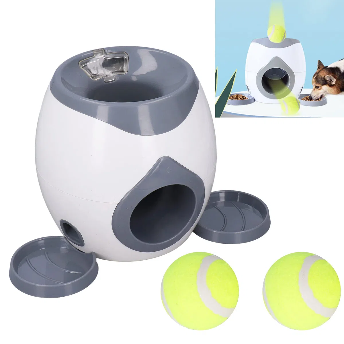 FOUF Lanzador Automático de Pelotas, Lanzador Interactivo para Perros, Máquina de Lanzamiento de Pelotas de Tenis con 2 Bandejas de Comida para Perros Pequeños a Grandes, 2 Pelotas Incluidas