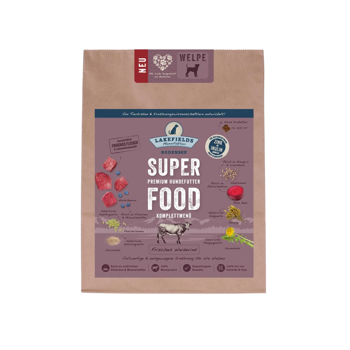 Lakefields Superfood Rin Premium para cachorros, la sensación de comida seca para su perro, tamaño: 3 x 1 kg