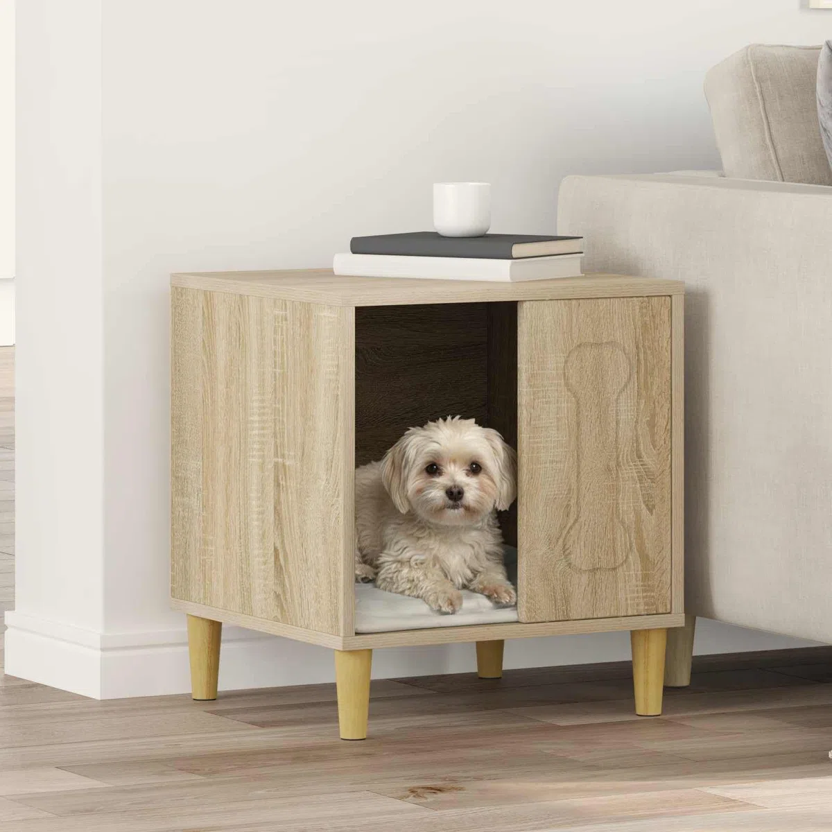 Caseta para perros Sonoma de material de madera, 44 x 42 x 49 cm, moderna cueva para perros interiores, resistente refugio para perros pequeños