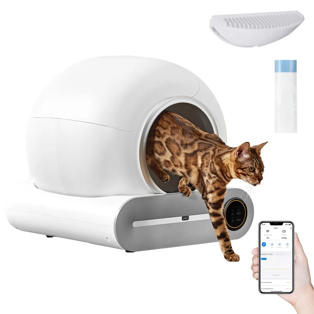 Caja de Arena Autolimpiable para Gatos Con Detector de Infrarrojos y Sensores de Peso, Eliminación de Olores, Gran Capacidad de 65 L + 9