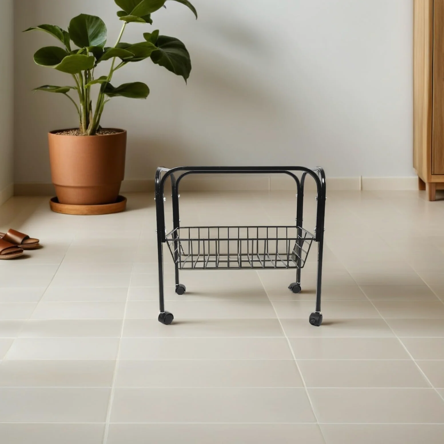 Hohopeti Soporte para Jaula de Pájaros Negro con Ruedas, Base Metálica de 45x45 Cm, Estante de Almacenamiento Integrado, Soporte para Jaulas Pequeñas de Pájaros y Hámster, Adecuado