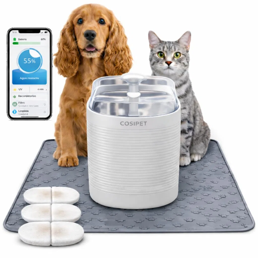 Fuente de agua inalambrica gatos y perros 2,5L control APP WiFi, bebedero automático con sensor, bandeja inox, autonomia mas de 30 dias, UV carbon activado, resina, alfombrilla antiderrame + 3 filtros