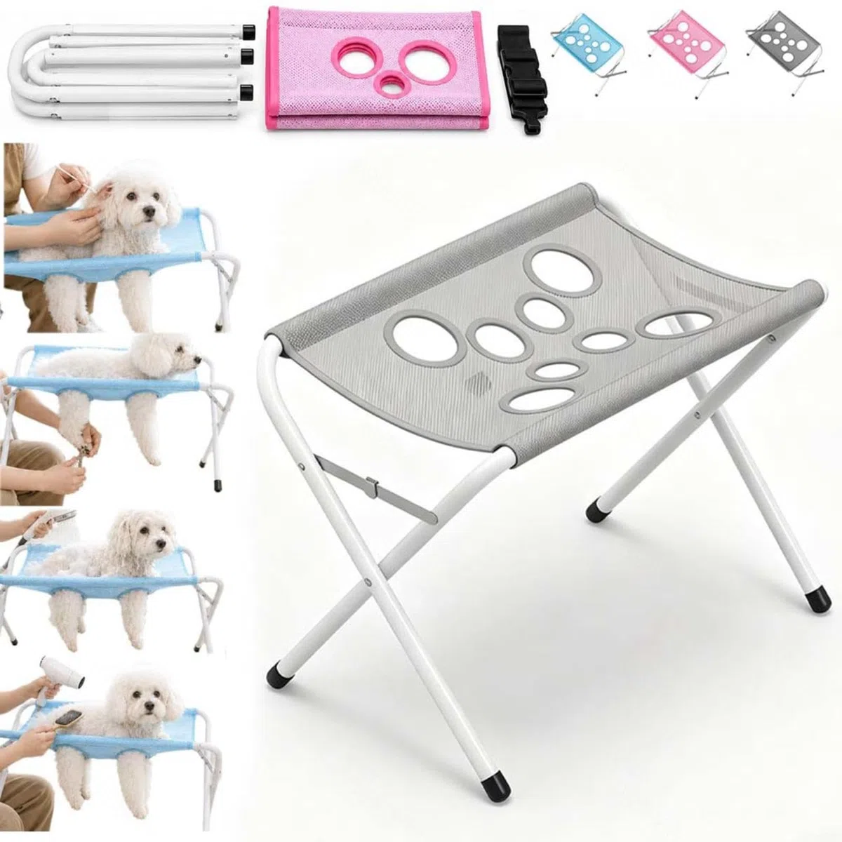 Silla para Bañar Perro Correa Ajustable para Sujetar A La Mascota Soporte Plegable para Mascotas Estructura Sólida Hamaca para El Cuidado De Mascotas, Recorte Diario De Uñas,Baños,Gray