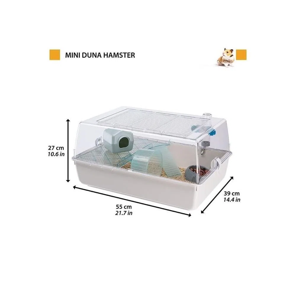 FERPLAST Gabbia Roditori MINI DUNA HAMSTER per Criceti, Topolini, in Plastica, Accessori inclusi: Mangiatoia, Beverino, Ripiano, Casetta, Scaletta, Ruota. 55x39xh27cm