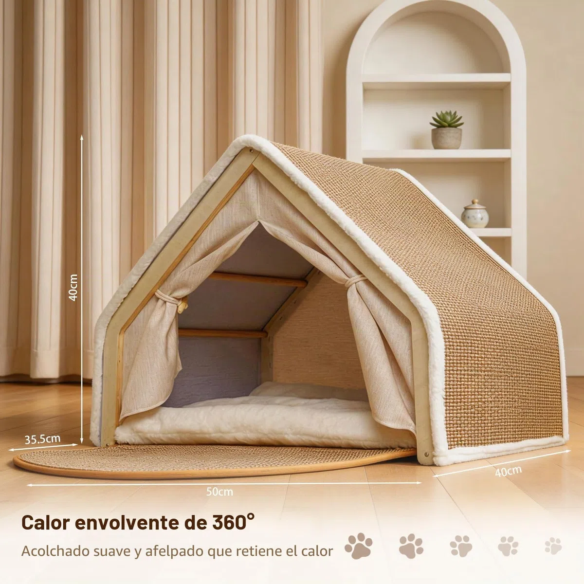 Casa para Gatos de Interior con Rascador de Sisal, Cama Gatos 2 en 1 | con Estructura de Madera, Cueva para Gatos con Cojín y Alfombrilla Rascadora, Tienda de Campaña para Gatitos