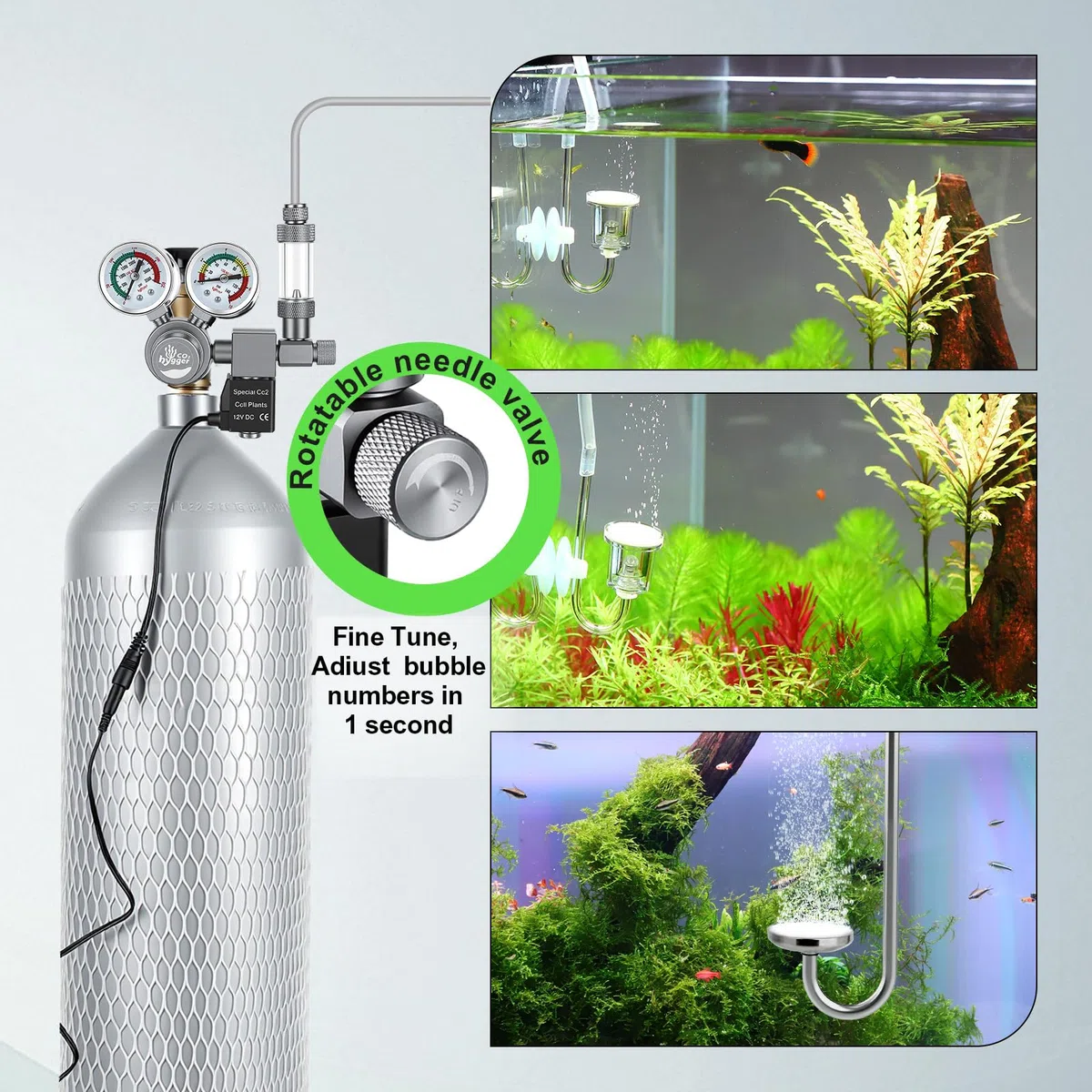 Regulador co2 Acuario DC Solenoide,co2 Regulator para Acuario Calibre Doble | Display preciso doble calibre, contador burbujas con válvula retención, Válvula aguja giratoria control preciso la salida gas