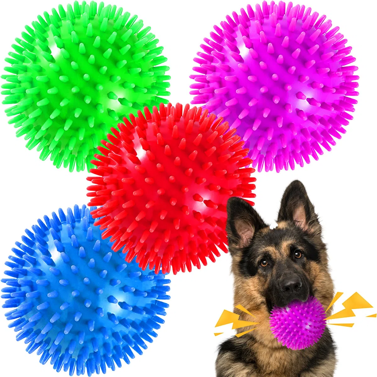 Paquete de 4 bolas chirriantes de 4.5 pulgadas para perros grandes y medianos, bolas de juguete para perros con puntas para masticadores agresivos