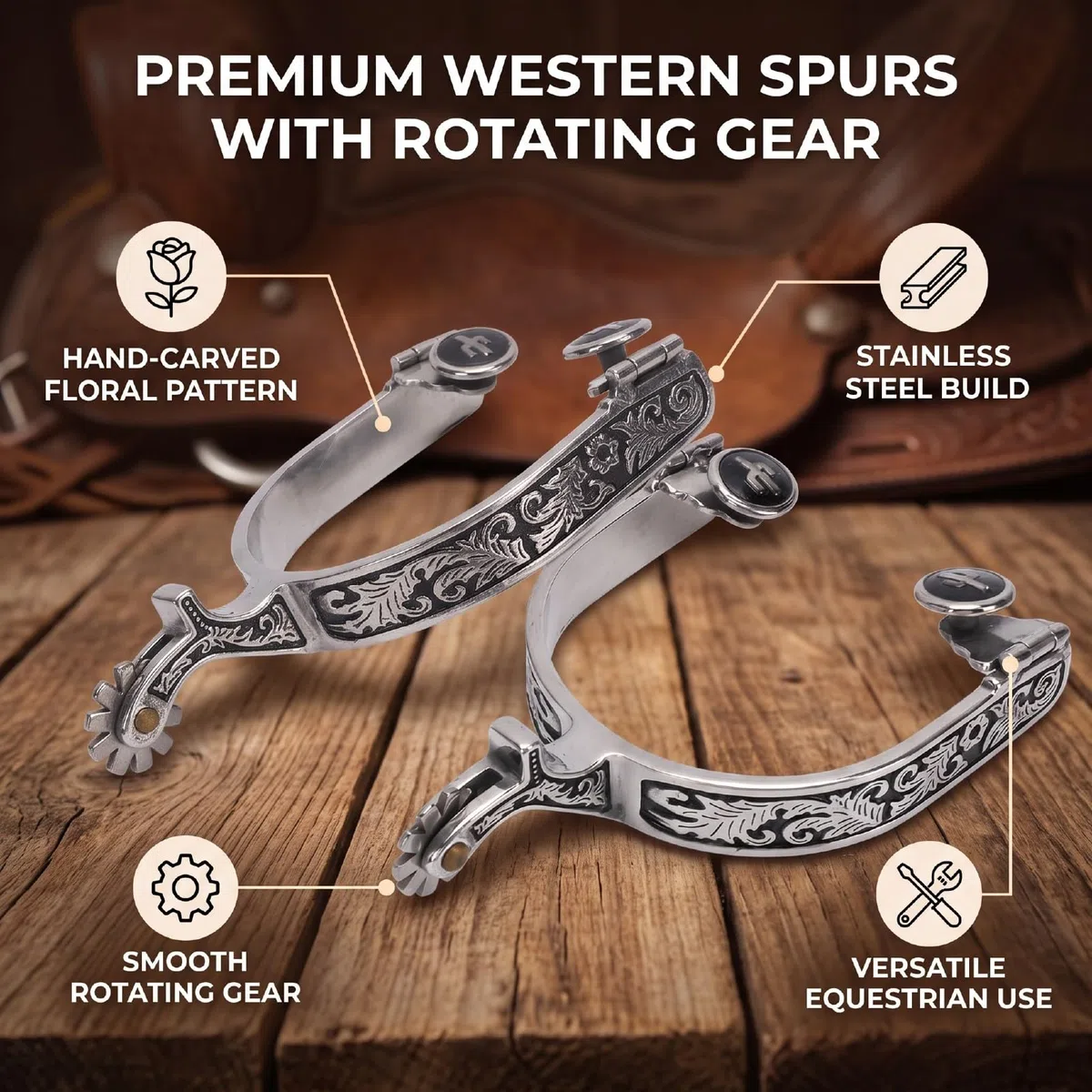 HEEPDD Espuelas Vaqueras del Oeste Talladas a Mano con Diseño Floral, Espuelas de Cowboy con Rueda Giratoria, for Equitación y Estilo Western