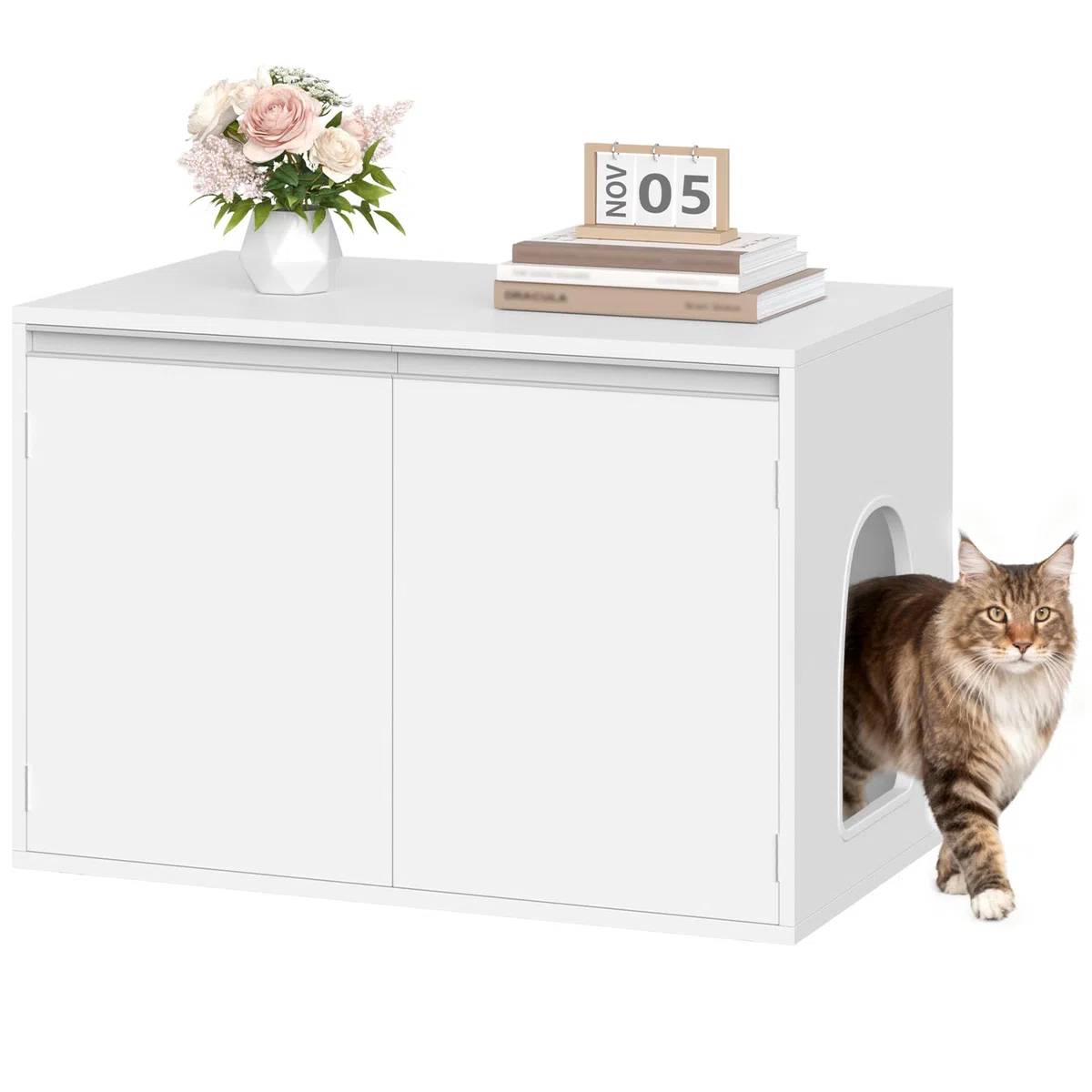 Hzuaneri Mueble Arenero Gatos, Casa para Gatos con Puerta y tabique Separado, 80 x 48,5 x 48,5 cm, Blanco CB01403X
