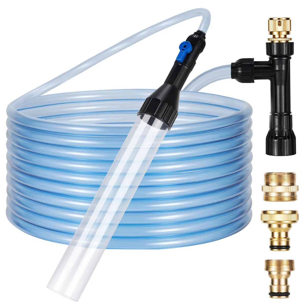DXOPHIEX Aspiradora de Grava para Acuario, Bomba Universal de sifón con 3 adaptadores de Metal para Limpieza rápida de peceras y Cambio de Agua (30 pies)