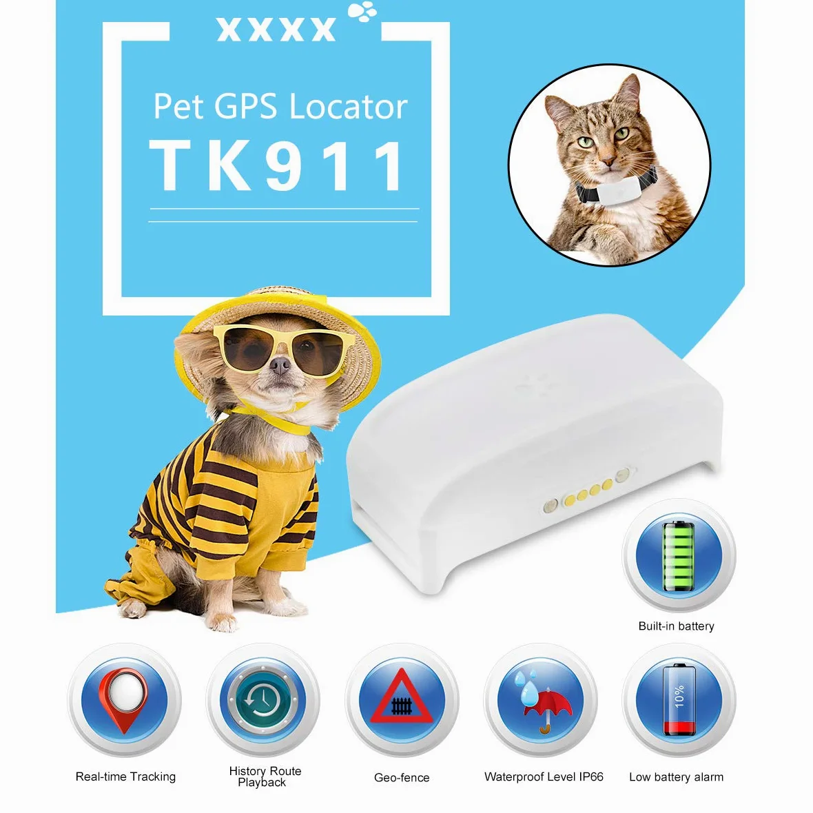 Localizador GPS para Perros y Gatos Tiempo Real Pequeño GPS Tracker con Historial de Ruta, Dispositivo de Alarma Impermeable APP Gratuita TK911