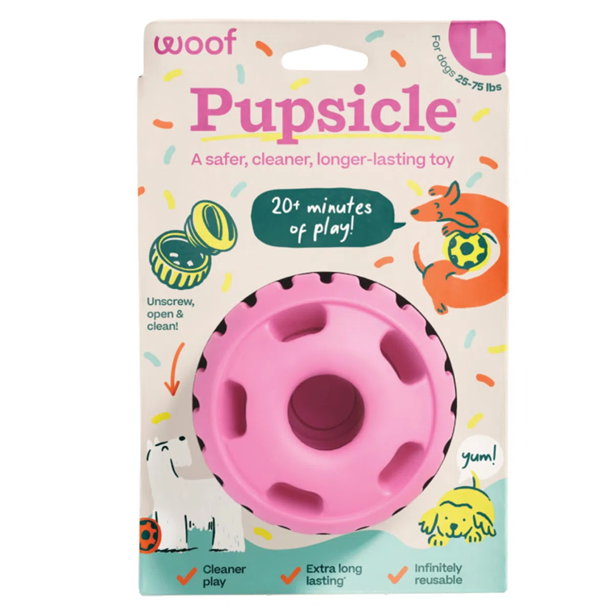 WOOF Party Pupsicle - Juguetes interactivos de larga duración para el aburrimiento - Diseño de bajo desorden - Regalos de cumpleaños para perros - Juguetes para perros grandes - Fiesta rosa