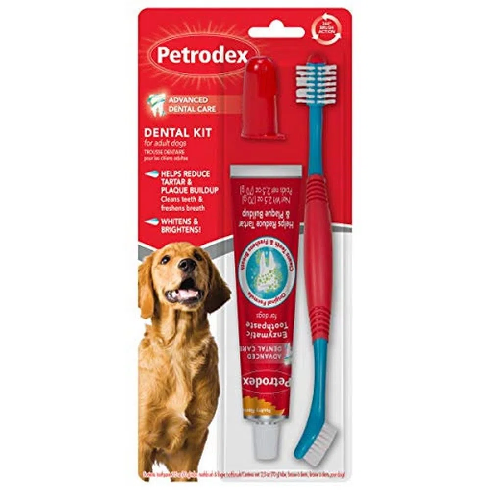 Petrodex Kit de cuidado dental para perros adultos, sabor de aves de corral, juego de 3 piezas