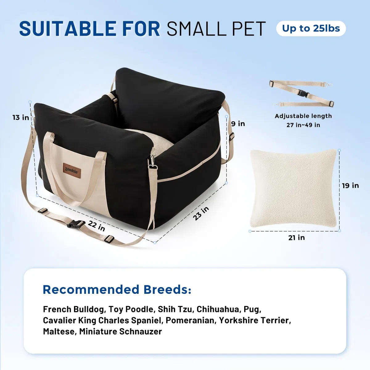 ZOMISIA Asiento de coche para perros pequeños, asiento elevador impermeable para mascotas para automóvil con correa de seguridad con clip, transportador de viaje suave para cachorros de hasta 25