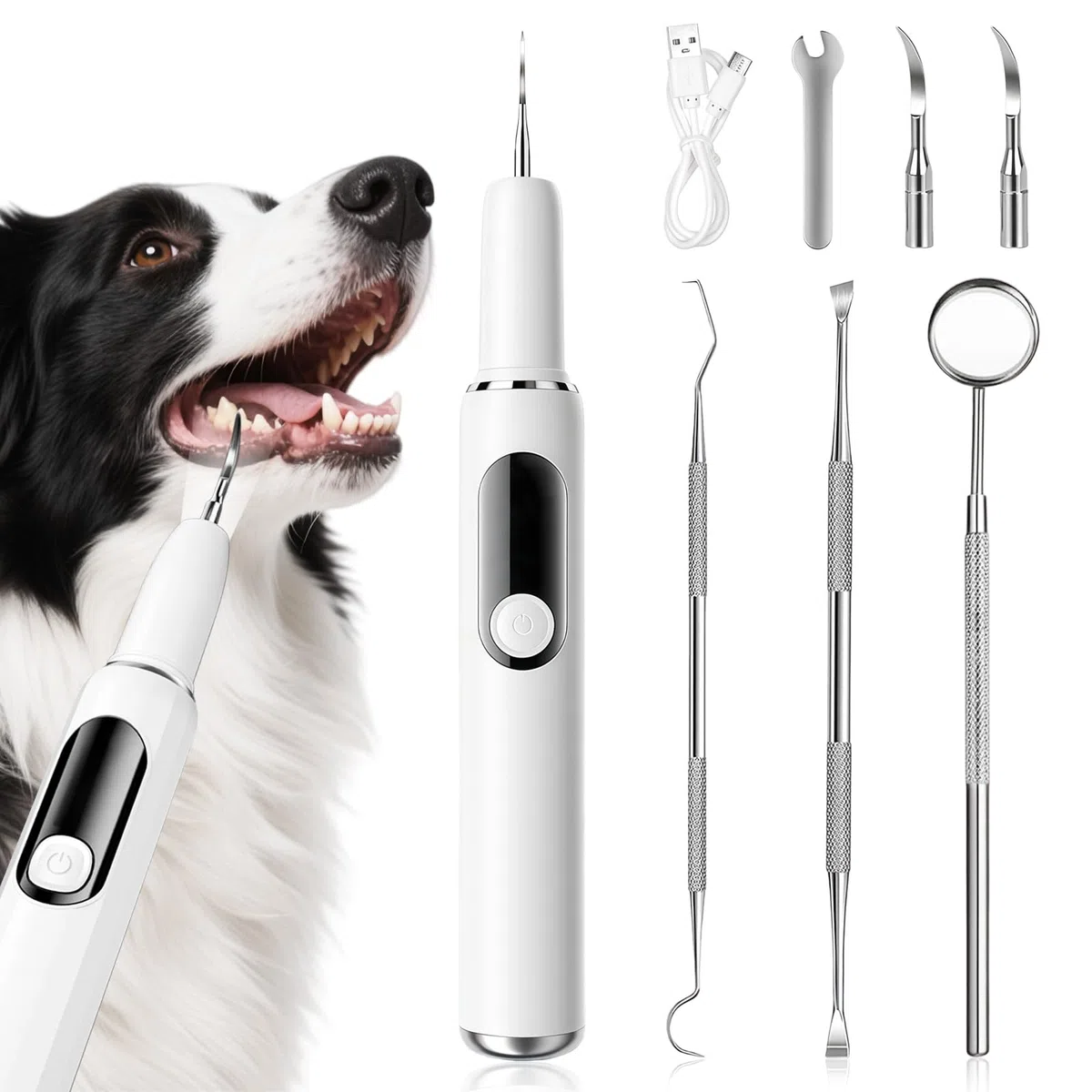 Recargable Cepillo de Dientes Perro Ultrasónico, Limpieza de Sarro Dental para Perros Ultrasónico con 3 Cabezales de Cepillo, 5 Modos de Limpieza con Luz LED, Elimina la Placa Dental de Perro