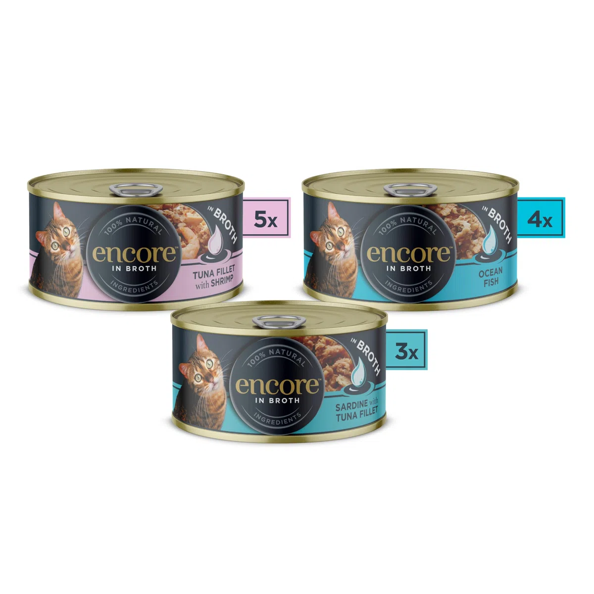 Encore Comida Húmeda Natural Gatos, Multipack de Selección de Pescado en Caldo para Gatos Adultos, Paquete de 48 Latas de 70 g