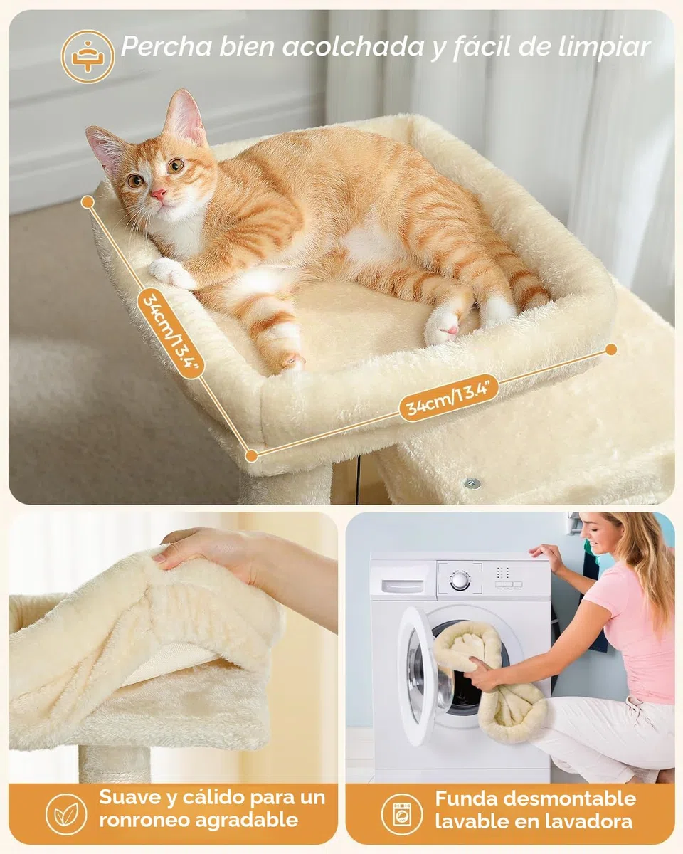 PETEPELA Rascador con doble condo para gatos de casa, casa todo en uno con barra acolchada, rampa y postes y bolas intercambiables, color beige