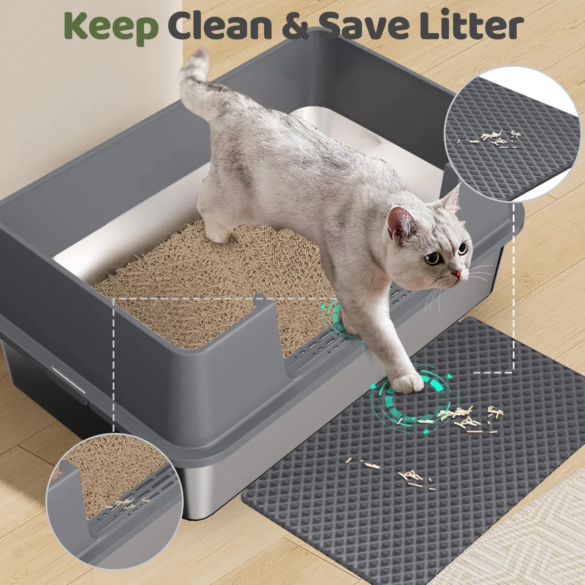 Gimars Arenero Acero Inoxidable Gatos XL 58x38x26cm, arenero Gato Acero Inoxidable 35L, Bandeja de Arena fácil de Limpiar y sin olores, Sanitaria a Prueba de Fugas con Pala y Alfombrilla