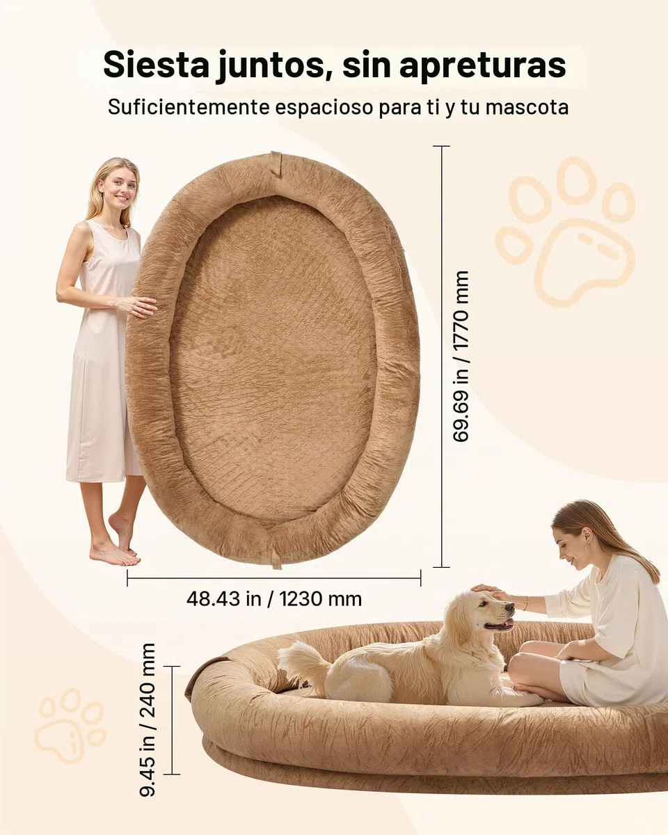 VEVOR Cama para Perros de Diseño Ovalado, Tamaño Humano, 177 x 123 x 24 cm, Ortopédica, de Espuma Viscoelástica, con Bolsillo Lateral, Asa y Cremallera, Funda Extraíble y Lavable a Máquina, Marrón