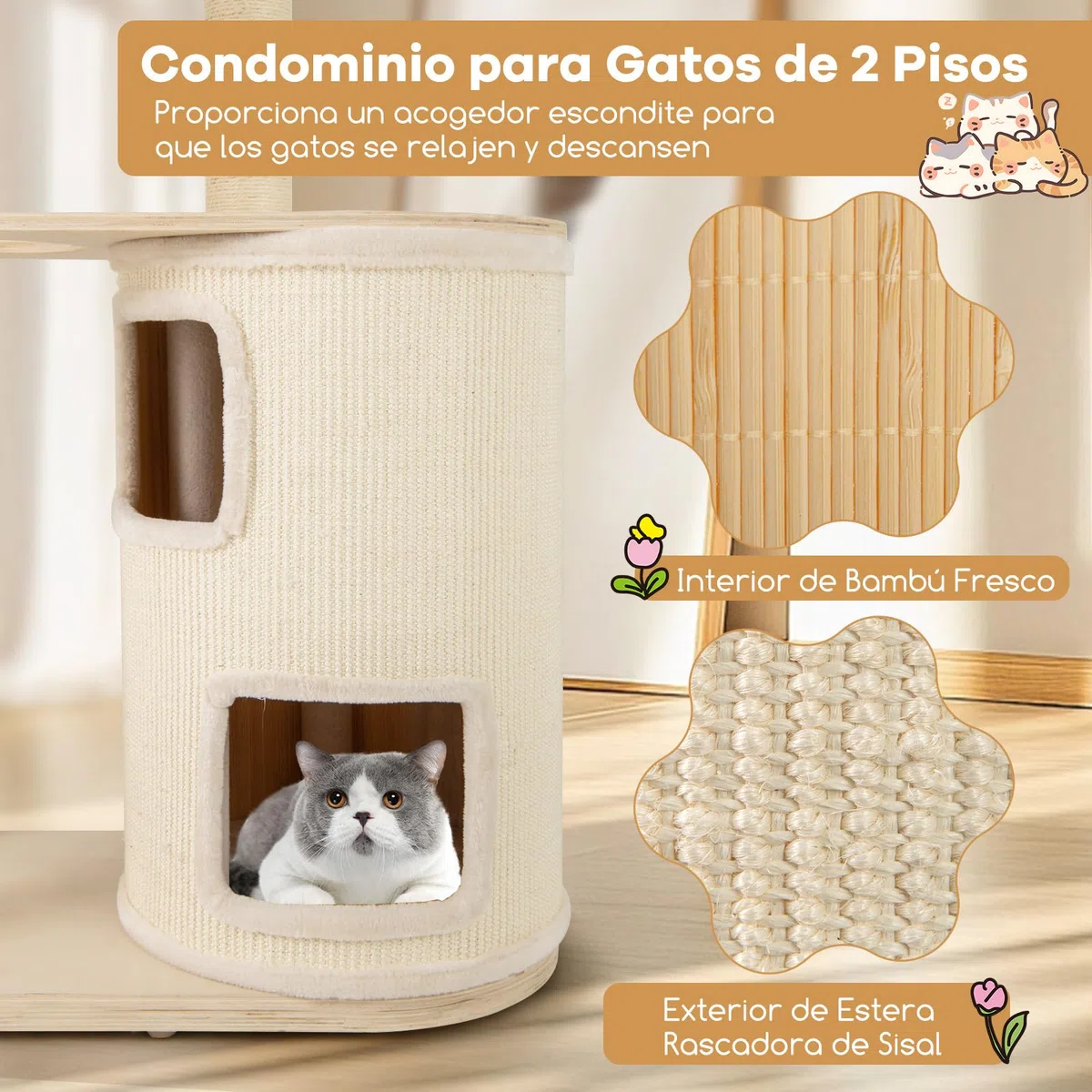 COSTWAY Árbol Rascador para Gatos de 151 cm, Torre Rascador de Escalada Gato con Poste Rascador, Condominio, Alfombra, Cama, Hamaca, Cojín Lavable, Centro de Actividades Multifuncional para Gatos