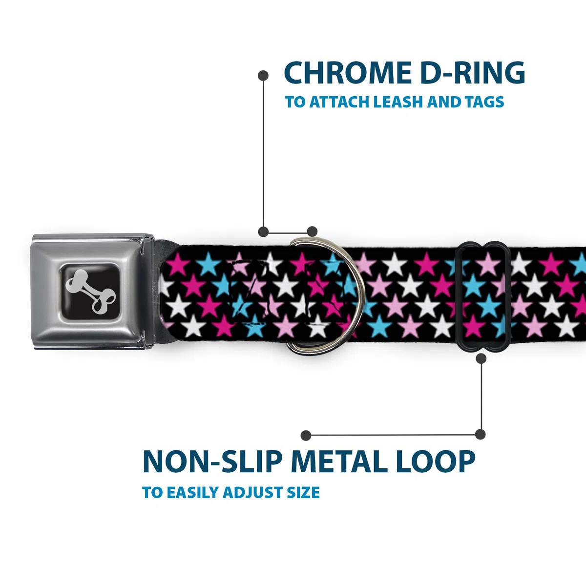 Buckle-Down DC-W31312-WS - Cinturón de Seguridad para Perro, tamaño pequeño, diseño de Estrellas, Color Negro, Rosa, Azul y Blanco