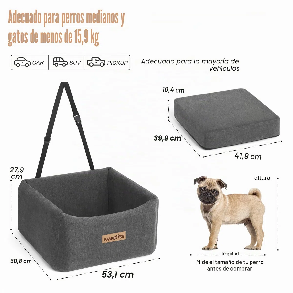 Asiento de Coche para Perros medianos de hasta 15 kg,Asiento Elevador para Perros con cinturón de Seguridad, Cama de Viaje para Mascotas con Funda extraíble y Lavable