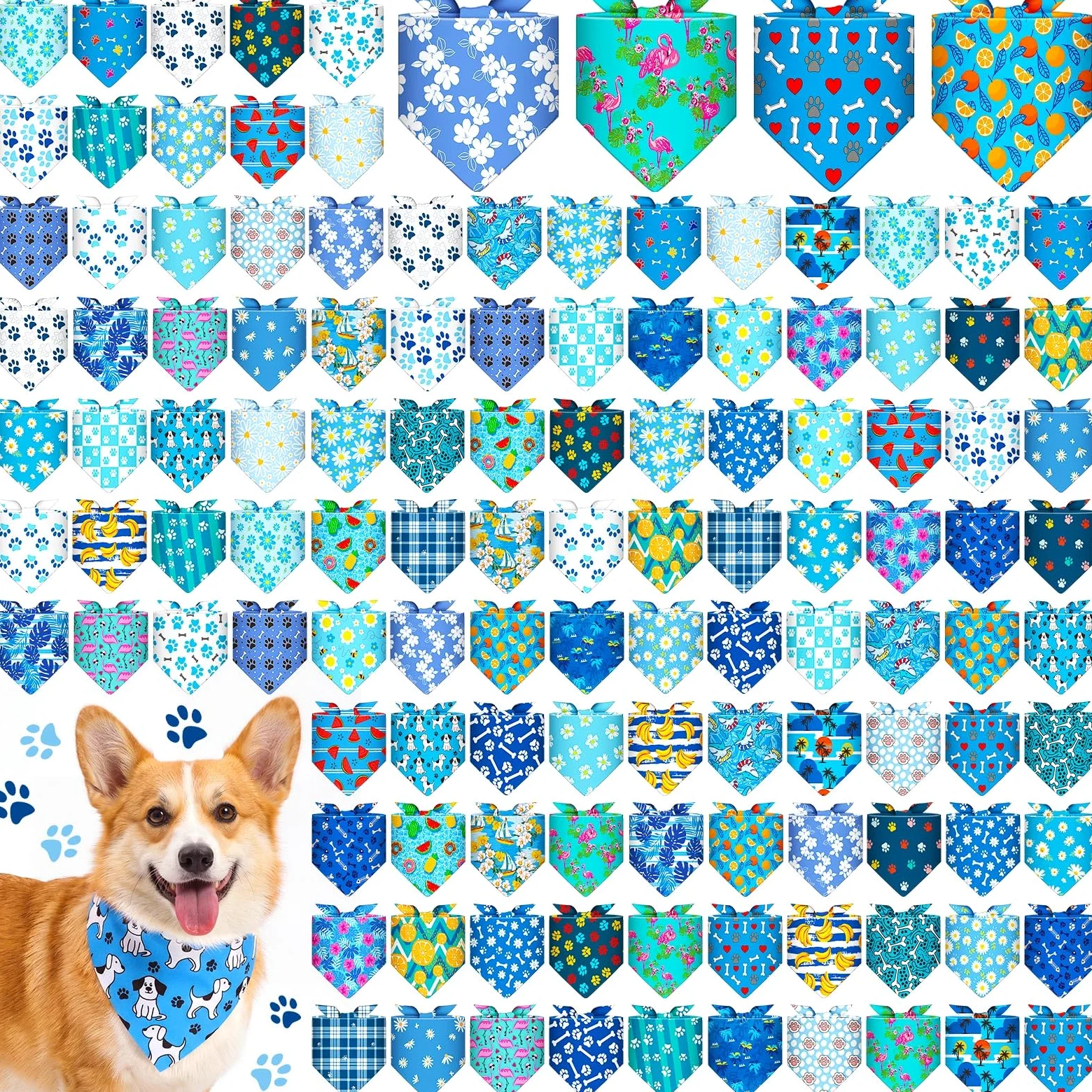 Sanwuta 120 bandanas azules con estampado de huellas de animales a granel para perros, pañuelo triangular para mascotas, accesorios diarios