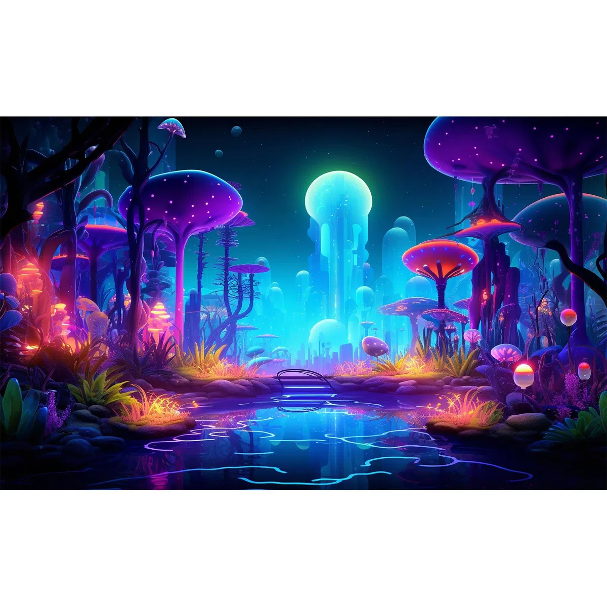 Fondo de acuario de bosque de fantasía, plantas misteriosas, hongos abstractos, estilo caricatura, terrario, telón de fondo de arroyo tranquilo, fondo de pecera, póster decorativo, vinilo,