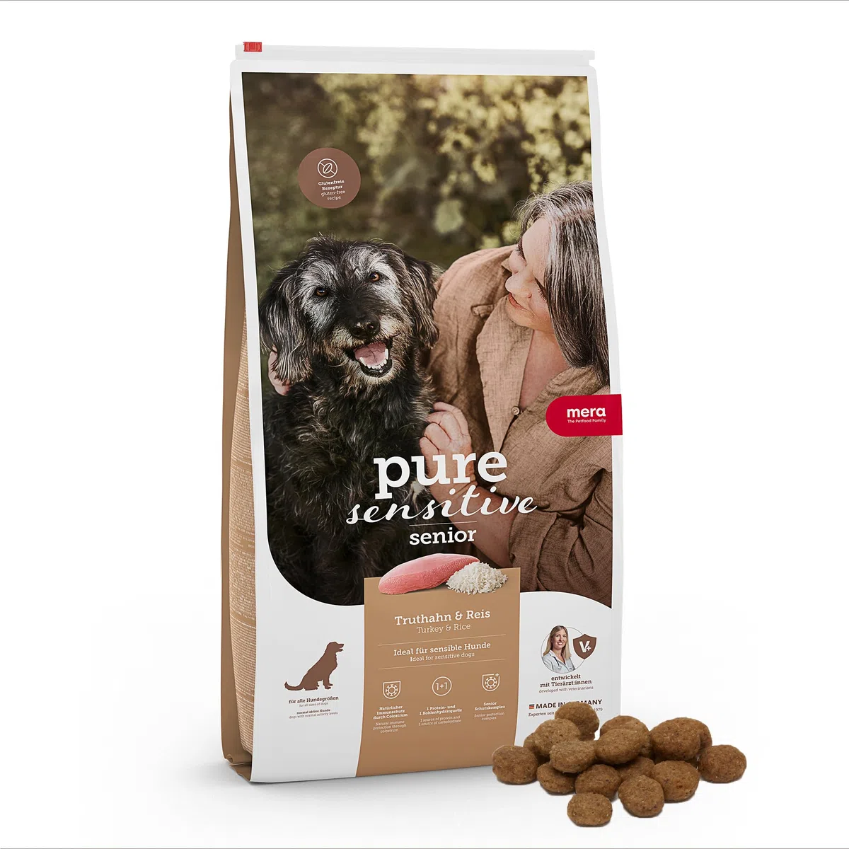 MERA Pure Sensitive Senior - Alimento seco para Perros de Pavo y arroz para la Dieta Diaria de Perros Mayores sensibles a la Comida, 12,5 kg