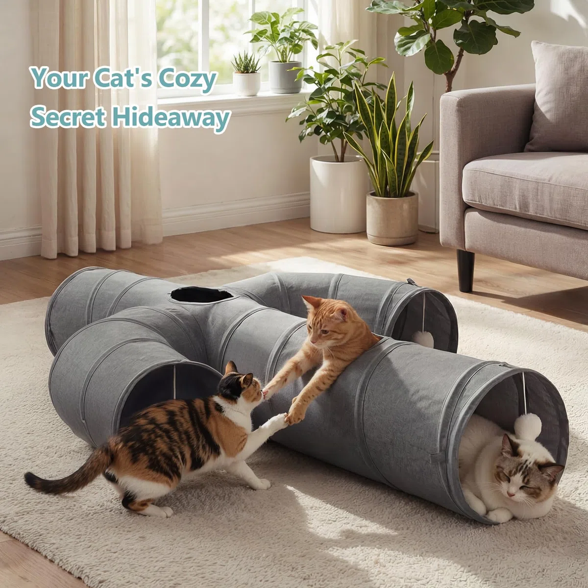 Ownpets Túnel para gatos, túnel para mascotas con forma de cactus más grande con tela Oxford resistente, plegable y resistente a desgarros, con múltiples salidas, bola colgante y varita teaser, gris,