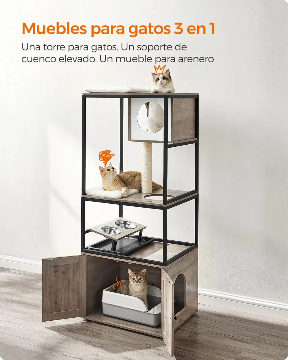 Feandrea Árbol para Gatos, Casa para Gatos con Mueble para Bandeja Higiénica, Soporte para Comedero Elevado, Tronco de Sisal, Cojines Lavables, Beige PCT312G01