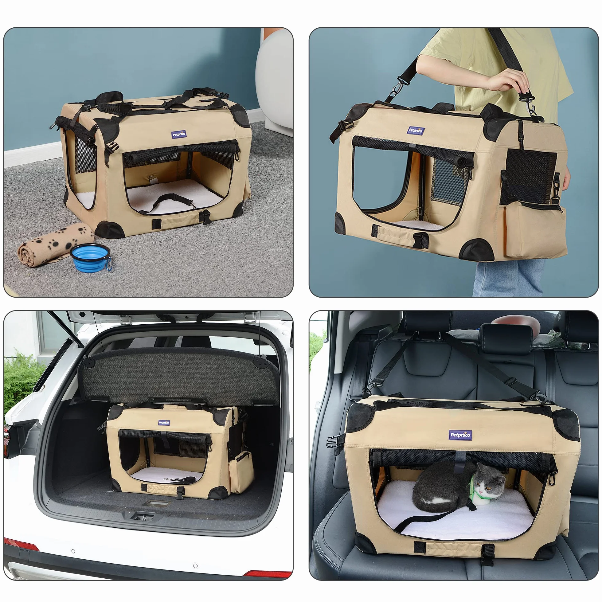 Petprsco Transportín para Mascotas, Lado Suave, para Gatos, Perros pequeños, 3 Puertas, Suave, Plegable, con Correas para Gatos, Cachorros, Viajes, Plegable, cómodo, diseño portátil