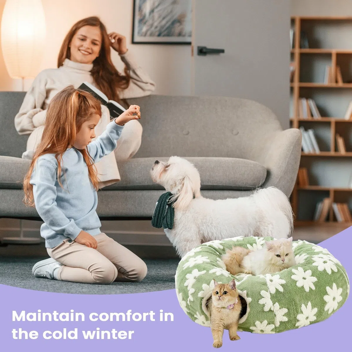 Cama Tunel para Gatos, Túnel De Falda De Árbol De Navidad para Gatos, Cama De Felpa Lavable con Bola, Tubos Y Túneles Interactivos para Cat con Diseño De Flores, para Gatear, Rascarse, Dentición
