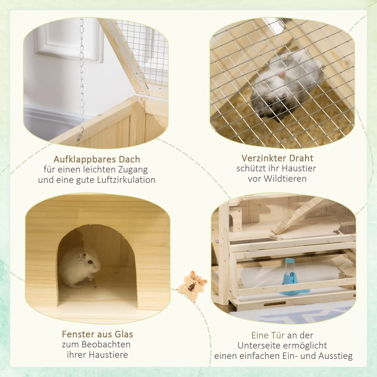 PawHut Jaula para Animales pequeños, Jaula para roedores, con rampa, balancín, Jaula Superior abatible Bandeja Inferior extraíble Madera de Abeto PS Natural 115 x 60 x 55 cm