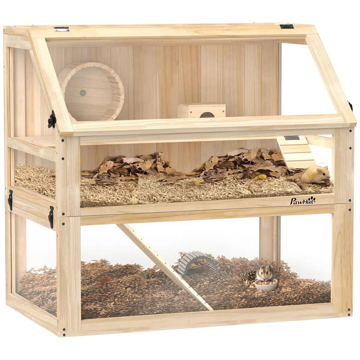 PawHut Jaula de madera para hámster de 3 niveles, jaula para roedores y animales pequeños, con tapa plegable, rueda y accesorios, jaula de madera para hámsters enanos, 80 x 50 x 76 cm, madera natural | Jaula para roedores, para hámsters enanos