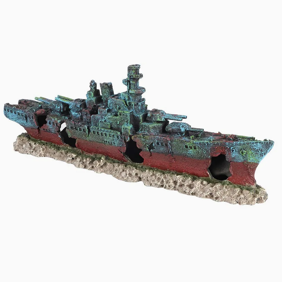 Barco naufragado de Resina, Acorazado hundido, Barco de Guerra, Adorno para pecera o Acuario, decoración de Cueva