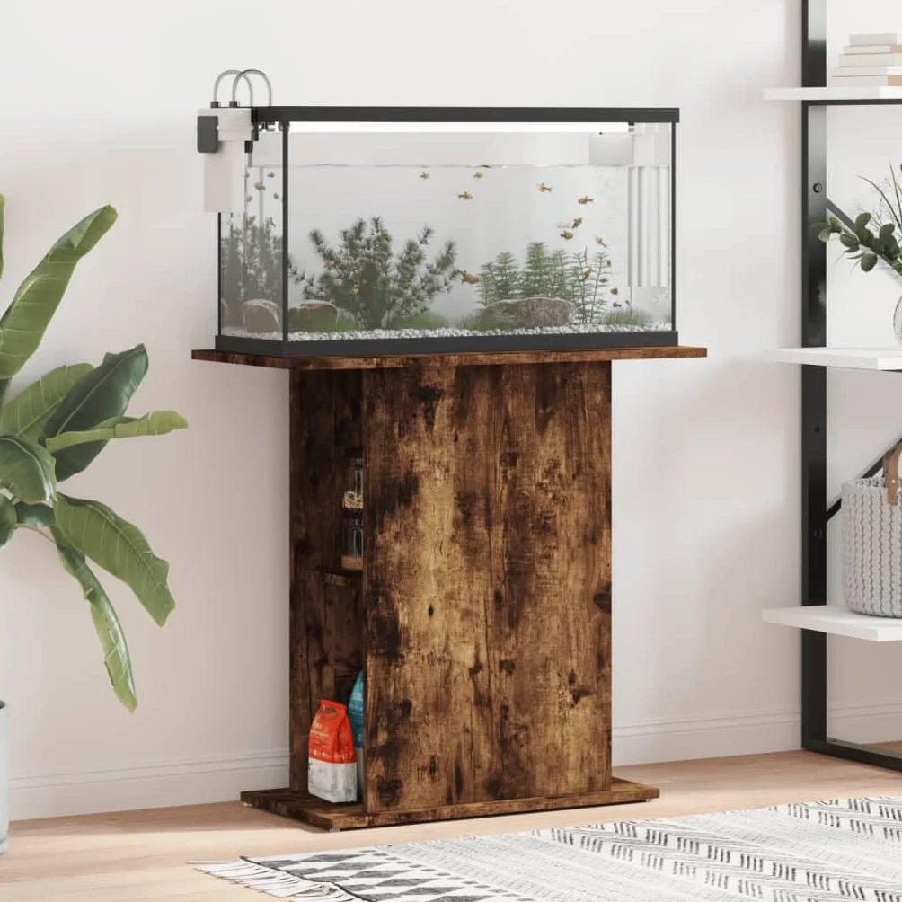 Soporte para acuario, madera de roble ahumado, 75 x 36 x 72,5 cm, con espacio de almacenamiento y estante, armario inferior estable para estanques de peces y terrario, ahorra espacio para