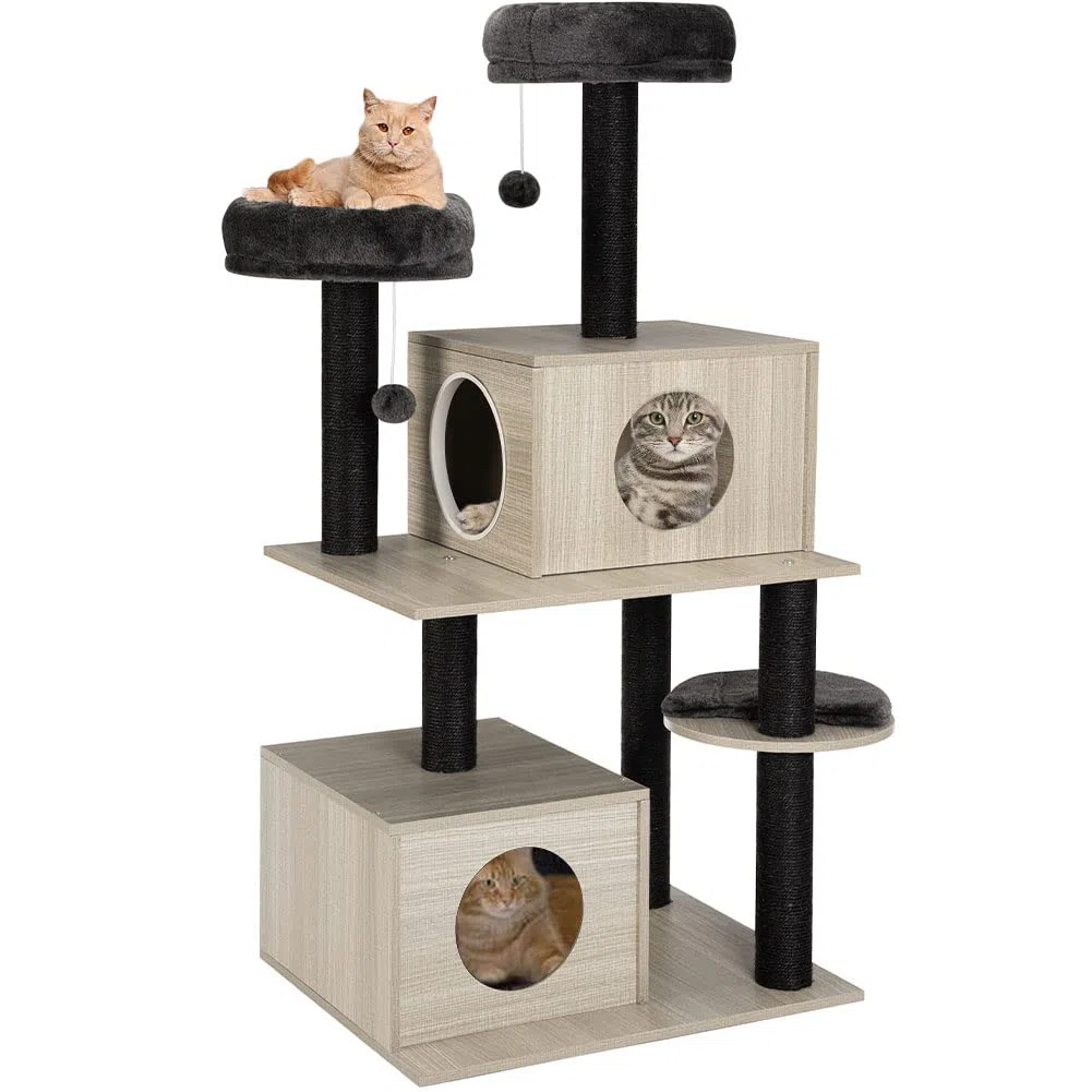 BAKAJI Árbol rascador para arañar Refugio 2 Bolas 2 cuchas, Mantas para Gatos, Animales, felinos, Interactivo, Resistente a los arañazos, Resistente, árbol trepador, Bicolor Beige y Gris