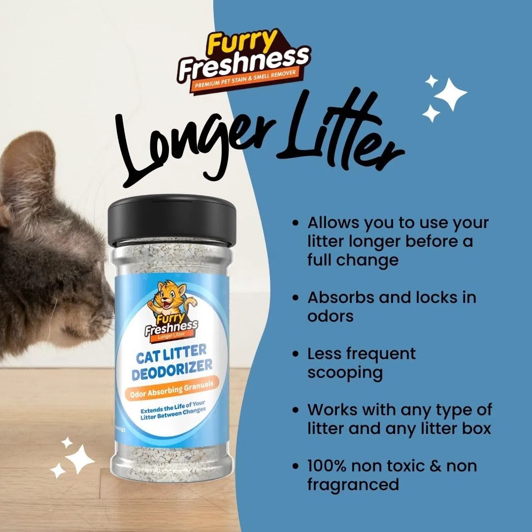 FurryFreshness Desodorante de arena para gatos y eliminador de olores de caja de arena, funciona con todas las camadas para aumentar la vida útil de tu arena, fabricado en Estados Unidos, no tóxico