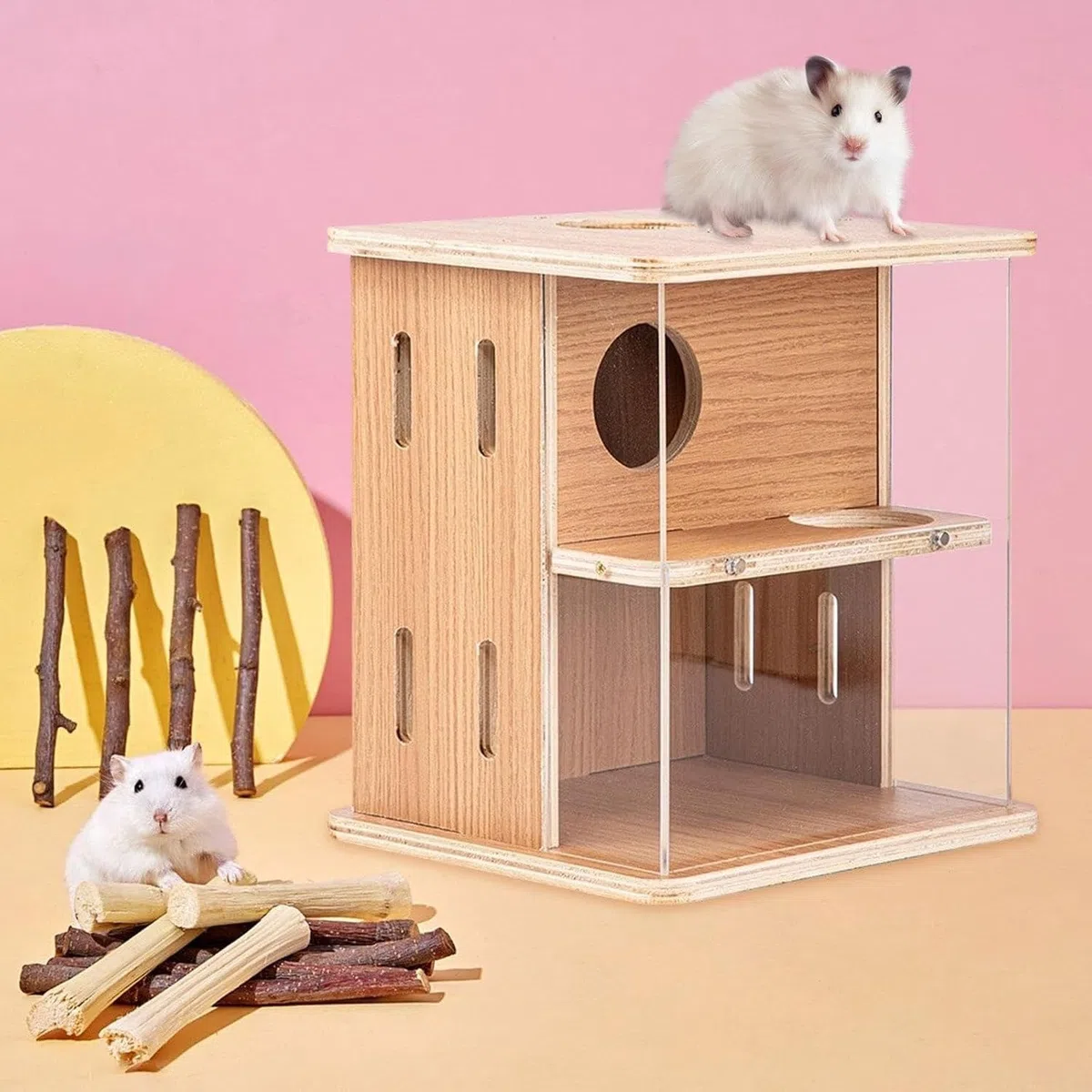 Casita de Madera para Hámster, Escondite 2 Plantas con Refugio y Accesorios Divertidos