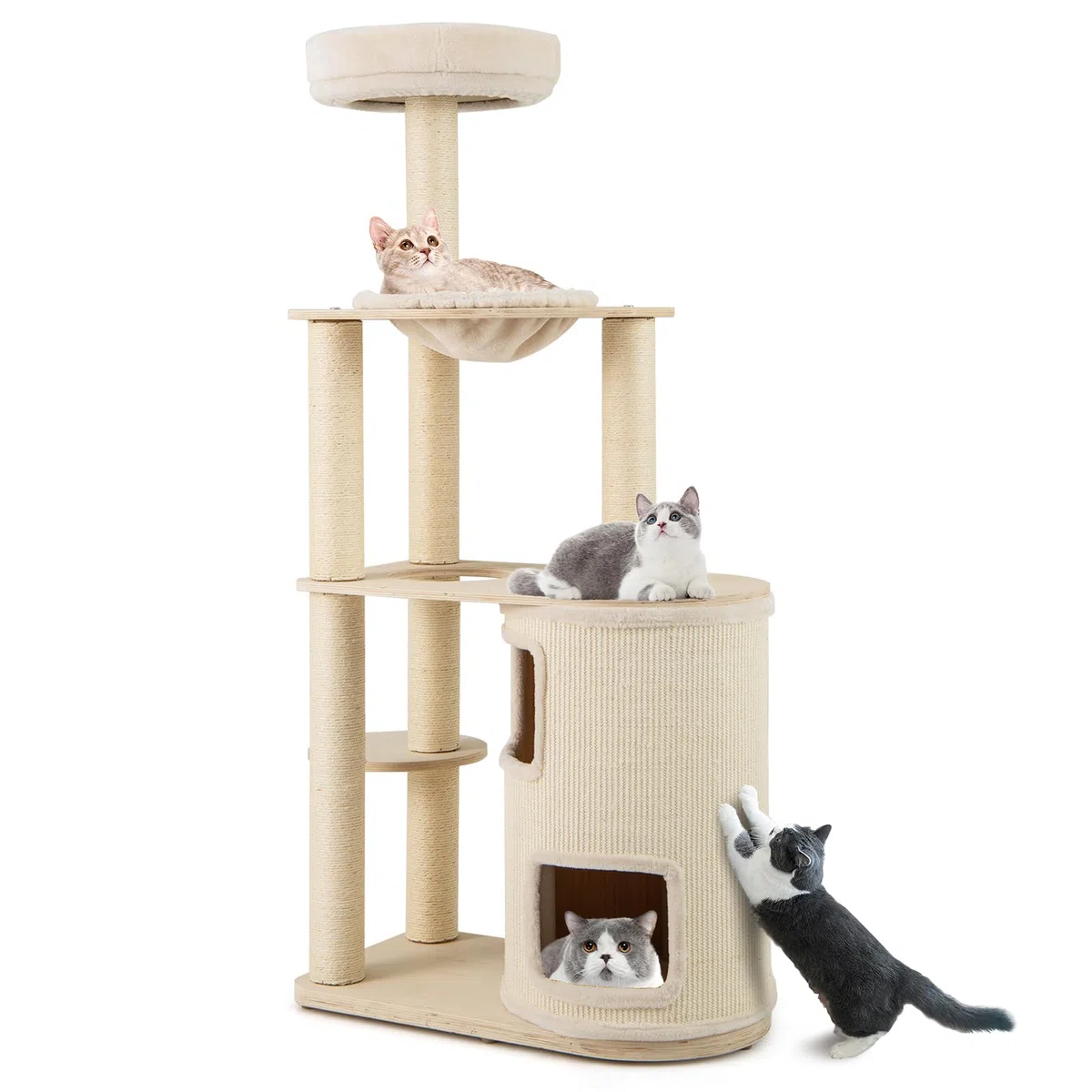 COSTWAY Árbol Rascador para Gatos de 151 cm, Torre Rascador de Escalada Gato con Poste Rascador, Condominio, Alfombra, Cama, Hamaca, Cojín Lavable, Centro de Actividades Multifuncional para Gatos