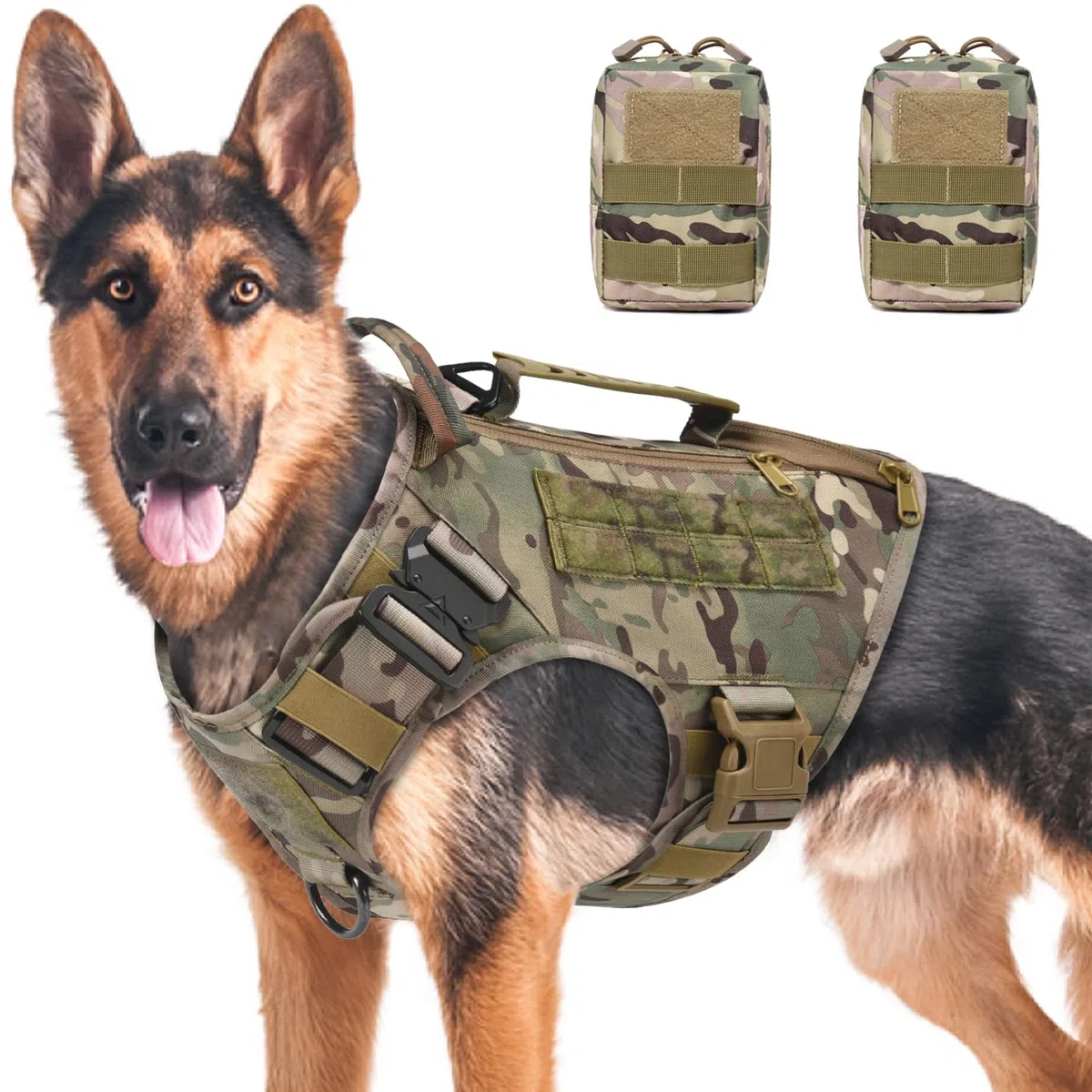 Arnés táctico para perros medianos y grandes, sin tirones, ajustable, para pasear, arnés militar con asa, chaleco para perro con paneles Molle (camuflaje (con 2 paquetes de accesorios), XL)