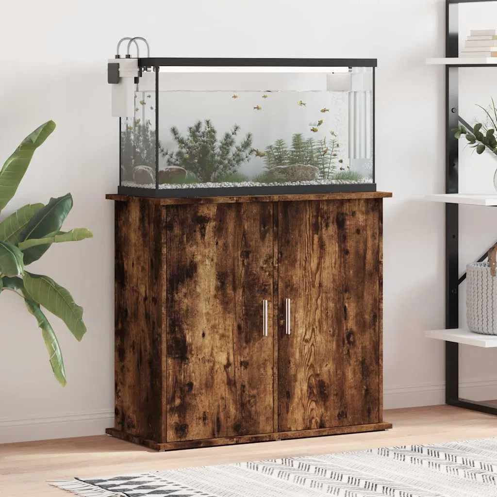 Soporte para acuario, madera de roble ahumado, 81 x 36 x 73 cm, con espacio de almacenamiento y puertas, armario inferior estable para acuario, estantería y almacenamiento de accesorios en el