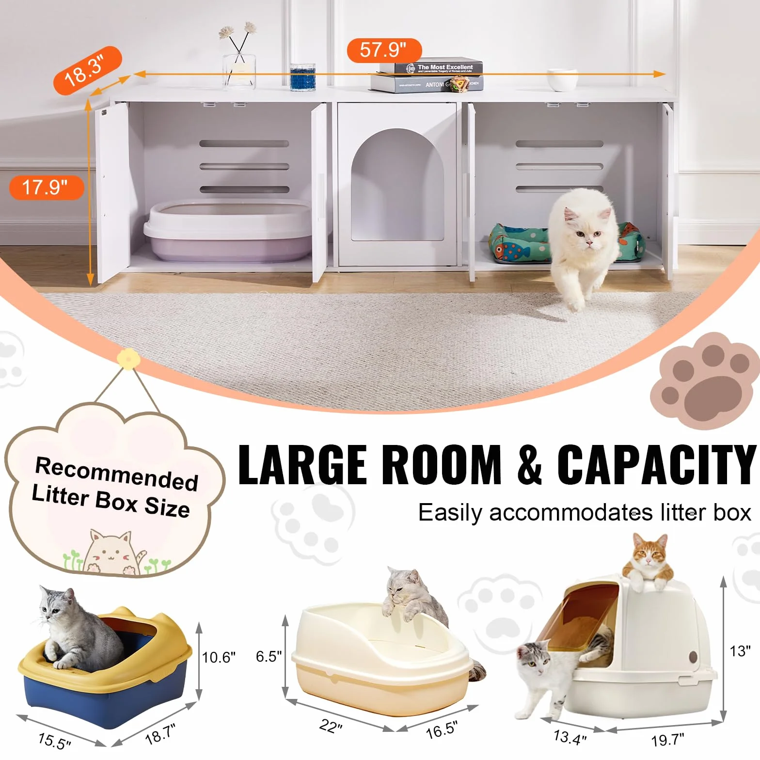 VEVOR Muebles de Baño Oculto para Gatos 1,47 x 0,46 x 0,45 m Casa de Inodoro Con Puertas Decoradas de Ratán Armario de Madera para Ocultar Las Cajas de Arena, Blanco