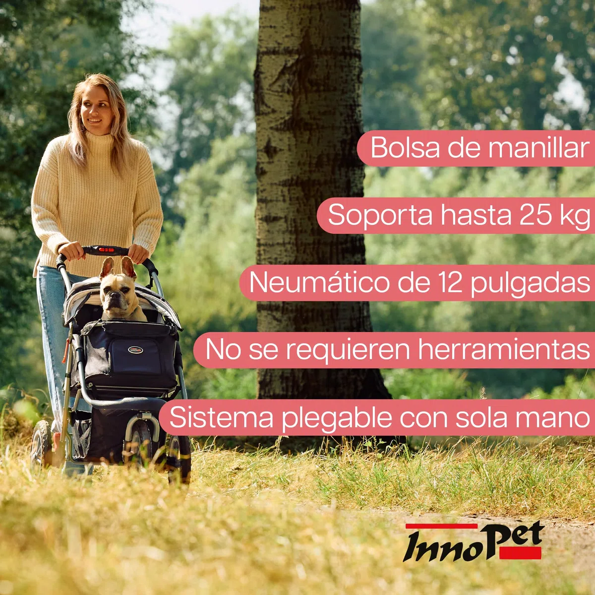 Innopet Comfort Air Eco negro/plata - Cochecito para perros y gatos con ruedas neumáticas de 12”, plegado con una mano, tejido reciclado y organizador
