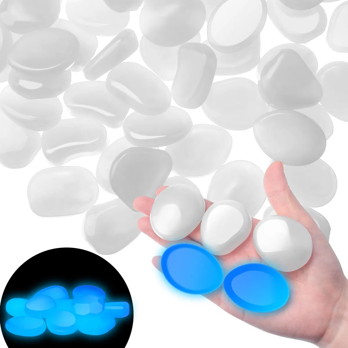 Landical 100 Piedras Que Brillan en la Oscuridad, Piedras Que Brillan en la Oscuridad, Piedras Luminosas para Acuario, Grava, decoración de Plantas suculentas (Blanco, 1.8 Pulgadas)