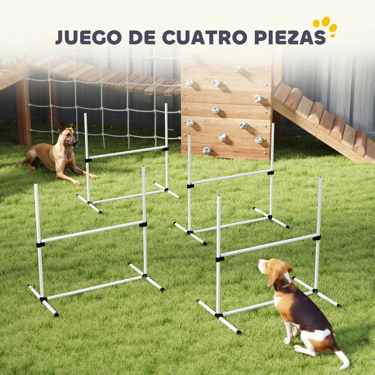 PawHut Set de Entrenamiento de Agilidad para Perros Mascotas 4 Piezas Obstáculos Vallas de Salto con Altura Ajustable y Bolsa de Transporte para Exteriores 99x65x94 cm Blanco