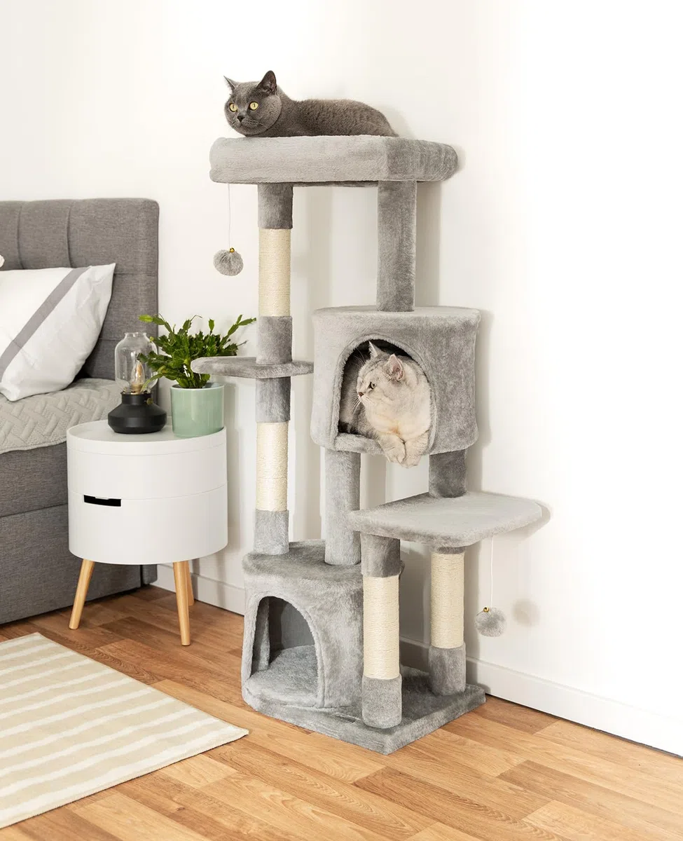lionto Árbol rascador para Gatos con Pelotas de Juego de sisal y 115 cm de Altura, Gris Claro