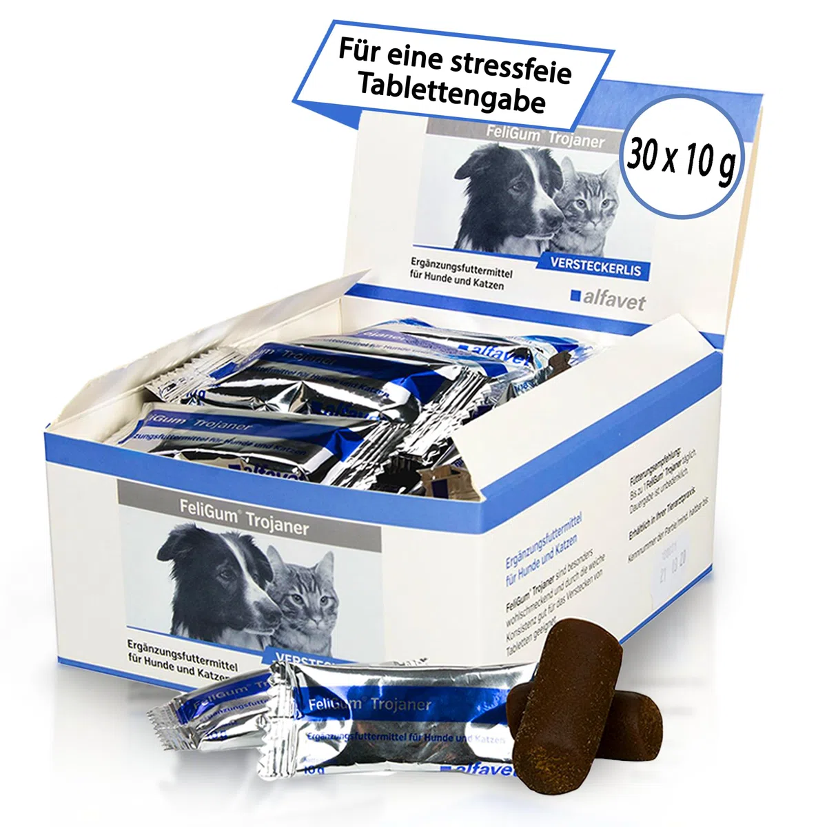 Alfavet FeliGum Troyano Caja 30 x 10 g Escondite Medicamentos Moldeable como Snack Complemento Alimento Complementario para Perros y Gatos